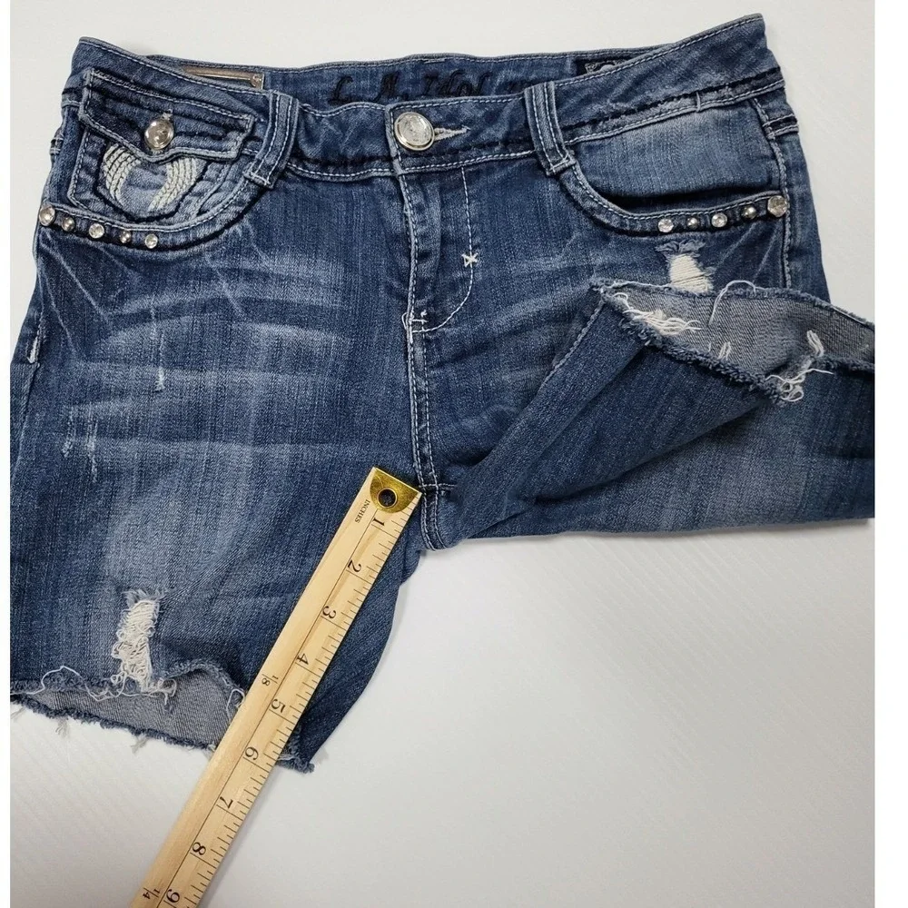 LA Idol USA Womens Distressed Denim Shorts Wing Rhinestone Studded Blue Size 9